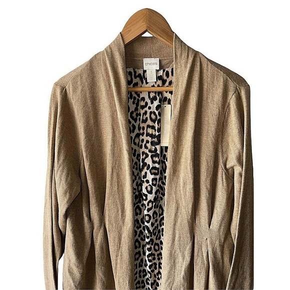 𝅺chico's 3 (XL) Brown Open Front Cardigan Leopard Peek-a-Boo Panel Back Sweater - Picture 2 of 8